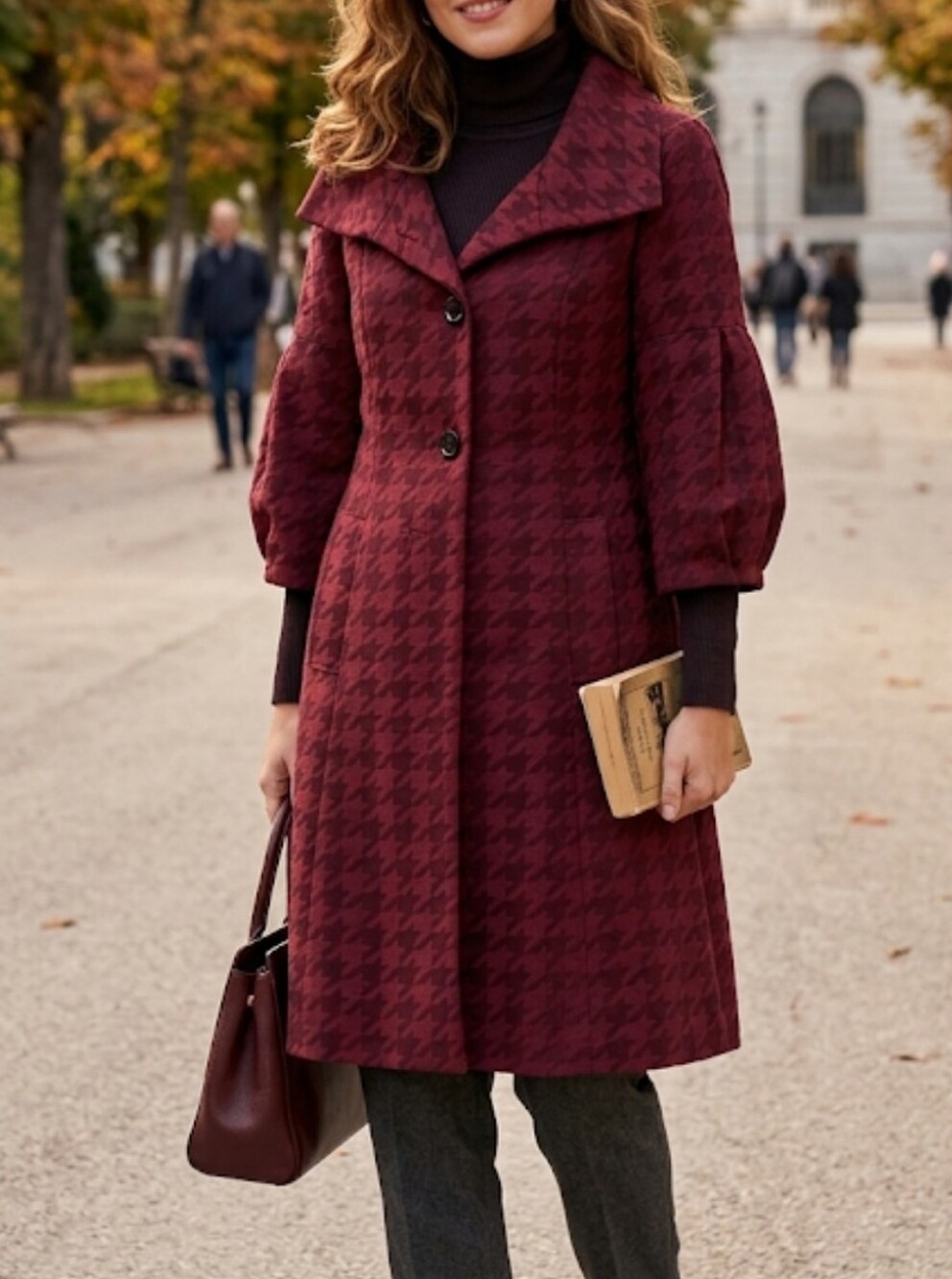 Axcess Burgundy Houndstooth Trench Coat with Puff Sleeves